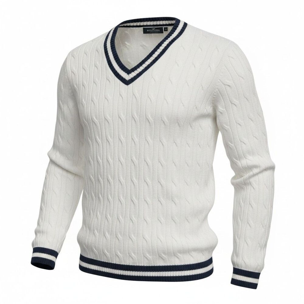 Hollister Tenniscore Preppy Cable Knit Cricket Sweater M Ivory V Neck Varsity
